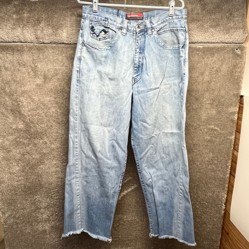 Vintage Rocawear Mens Jeans 34x28 Blue‎ Denim Straight Light Wash Distressed Hem
